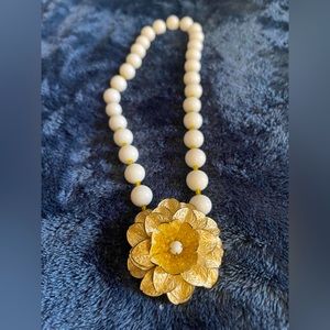 Signed Mariam Haskell Single Strand Milk Glass Necklace with Large Floral Accent